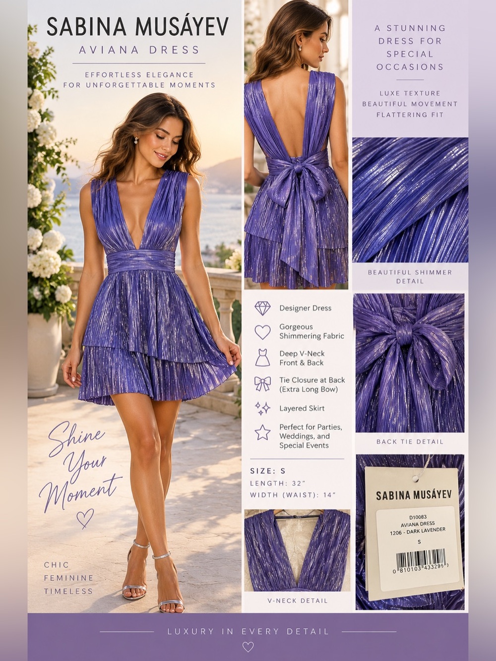 Sabina Musayev Aviana Dark Lavender Pleated Metallic Mini Dress Size S